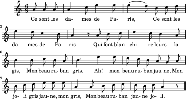 
\version "2.18.0"
\layout {
  indent = #10
  line-width = #150
}
 \relative c'' {
 \time 6/8
 \autoBeamOff
 \set Score.tempoHideNote = ##t
 \override Score.BarNumber.break-visibility = #all-invisible
 \tempo 4 = 110
 \set Staff.midiInstrument = #"piccolo"
\partial 8*3 a8 a a | a4 c8 e4 e8 | e4( d8) b c d
e4 d8 c4 b8 | a4 b8\rest a8 b c | d4 c8 b4 a8
b4 b8 c b a | b4. e4 e8 | d c b a g a 
b c d e e e | a,4 a8 b c d c b c a4 b8\rest\bar "||" 
}
\addlyrics { Ce sont les 
da- mes de Pa- ris, 
Ce sont les 
da- mes de Pa- ris Qui font blan- chi- re leurs lo- gis, 
Mon beau ru- ban gris. Ah! mon beau ru- ban jau ne, Mon 
jo- li gris jau- ne, mon gris, Mon beau ru- ban jau- ne jo- li.
}
