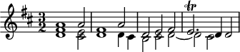 
\version "2.18.2"
\header {
 tagline = ##f
 % composer = "Johann Pachelbel"
 % opus = "Chaconne en ré majeur, P. 40"
 % meter = ""
}

\score {
<<
 \relative c'' {
 %\clef bass
 \key d \major
 \time 3/2
 \override TupletBracket #'bracket-visibility = ##f 

 %s8*0^\markup{Aria}
 << { a1 a2 | fis1 a2 | d, e fis e2.\trill d4 d2 } 
 \\ { < d fis >1 < cis e >2 | d1 d4 cis | b2 cis d~ | d cis } >>

 }
>>
 \layout {
 #(layout-set-staff-size 17)
 \context { \Score \remove "Metronome_mark_engraver" 
 \override SpacingSpanner.common-shortest-duration = #(ly:make-moment 1/2)
 }
 }
}
