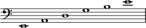 { \override Score.TimeSignature #'stencil = ##f \clef bass \relative e, { \cadenzaOn e1 a d g b e \bar "|" } }