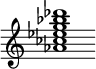 {
  % Rivin lopun pystyviiva ja tahtiosoitus piiloon.
  \override Score.BarLine.break-visibility = ##(#f #t #t)
  \override Staff.TimeSignature #'stencil = ##f
  
  <aes' ces'' ees'' g'' bes'' des'''>1
}
