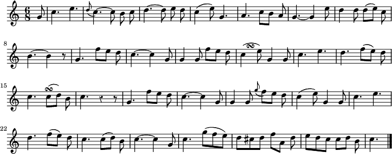 
\relative c'' {
  \override Rest #'style = #'classical
  \time 6/8
  \partial 8
  \autoBeamOff
  g8
  c4. e
  \appoggiatura d8 c4.~ c8 b c
  d4.~ d8 e d
  c4( e8) g,4.
  a c8[ b] a
  g4.~ g4 e'8

  d4 d8 d[( e]) c
  b4.~ b4 r8
  g4. f'8[ e] d
  c4.~ c4 g8
  g4 g8 f'[ e] d
  % ici : bazar pour décaler correctement le grupetto et le mettre sous la liaison :
  \once \override TextScript #'avoid-slur = #'inside
  \once \override TextScript #'outside-staff-priority = ##f
  c4(^\markup \override #'(baseline-skip . 1) {
    \halign #-2.5
    \musicglyph #"scripts.turn"
  } e8) g,4 g8
  c4. e
  d f8[( e]) d

  c4. c8\turn([ d]) b
  c4. r4 r8
  g4. f'8[ e] d
  c4.~ c4 g8
  g4 g8 \appoggiatura g'8 f8[ e] d
  c4( e8) g,4 g8
  c4. e
  d f8[( e]) d

  c4. c8[( d]) b
  c4.~ c4 g8
  c4. g'8[( f e])
  d[ cis d] f[ a,] d
  e[ d c] c[ d] b
  c4.
  \bar "|."
}
