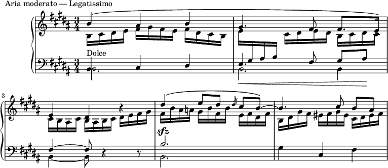 
\version "2.18.2"
\header {
 tagline = ##f
}
upper = \relative c'' {
 \clef treble 
 \key b \major
 \time 3/4
 \tempo 4 = 62
 %\autoBeamOff

 %%Montgeroult — Étude 106 (pdf p. 163)
 << { b4( ais b gis4. fis8 fis8. e16) } \\ { b16 cis dis e fis gis fis e fis dis cis b e \stemUp \change Staff = "lower" gis, ais b \stemDown \change Staff = "upper" cis dis e dis b cis dis cis } >>

 << { e4 dis b'4\rest dis4( e8[ dis] \slashedGrace dis8 cis b~) b4. cis8 b[ ais] } \\ { cis,16 b ais cis b ais b cis dis e fis gis fis b ais a! gis b fis b e, fis dis fis | b, dis gis fis eis fis gis eis cis dis eis fis } >>

}

lower = \relative c {
 \clef bass
 \key b \major
 \time 3/4

 << { b4^\markup{Dolce} cis dis e4._\< fis8 gis[ ais]\! } \\ { b,2. b } \\ { s2. s2 \stemDown b4 } >>
 << { fis'4~ fis8 d4\rest d8\rest b'2.^\sfz } \\ { b,4~ b8 s4 s8 b2. } >>
 gis'4 cis, fis
}

 \header {
 piece = "Aria moderato — Legatissimo"
 }

\score {
 \new PianoStaff <<
 \new Staff = "upper" \upper
 \new Staff = "lower" \lower
 >>
 \layout {
 \context {
 \Score
 \remove "Metronome_mark_engraver"
 }
 }
 \midi { }
}
