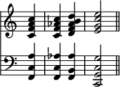 { \override Score.TimeSignature #'stencil = ##f \time 2/4 \partial 4 << \relative c' { <c f a c>4 <c f aes c> <d f aes b d> <e g c e>2 \bar "||" }
\new Staff { \clef bass \relative a { <a c, f,>4 <aes c, f,> <aes b, f> <g c, g c,>2 } } >> }