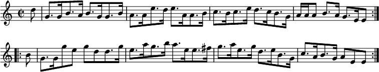 { \relative d'' { \time 2/2 \partial 8 \override Score.BarNumber #'break-visibility = #'#(#f #f #f) 
 \repeat volta 2 { d8 | g,8. g16 b8. a16 b8. g16 g8. b16 |
   a8. a16 e'8. d16 e8. a,16 a8. b16 | %eol1
   c8. b16 c8. e16 d8. c16 b8. g16 |
   a a a8 b8.[ a16] g8.[ e16 e8] }
 \repeat volta 2 { b'8 | g8. g16 g'8 e g d d8. g16 |
   e8. a16 g8. b16 a8. e16 e8. fis16 | %eol 3
   g8. a16 e8. g16 d8. e16 b8. g16 |
   c8. a16 b8. g16 a8[ e e] } } }