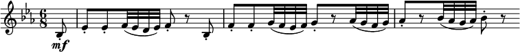 {\ relativ bes {\ key es \ major \ time 6/8 \ partial 8 bes8-.  \ mf |  es8-.  es-.  f32 (es d es) f8-.  r bes,-.  |  f'8-.  f-.  g32 (f es f) g8-. [r as32 (gfg)] |  as8-. [r bes32 (som g som)] bes8-.  r}}