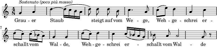 {\ set Score.tempoHideNote = ## t \ key c \ major \ time 4/8 \ tempo 4 = 60 \ autoBeamOff g'4 ^ \ markup {\ italic {Sostenuto (poco più mosso)}} a 'd' ' ~ d''16 ([c '' b 'a'] d''8) d '' d '' b '' 4.  a'8 c'8 g 'd''8 ([c' ')] d''4 c' 'c''16 ([bes' a 'g')] bes'8 a 'a'2 g'8 r} \ addlyrics { Harmaa - pöly nousee polulta, voi - huutaa - soi metsästä, voi - huutaa - soi metsästä}