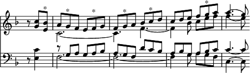 << \new Staff { \override Score.TimeSignature #'stencil = ##f \time 6/8 \key f \major \partial 4. << \new Voice { \relative c'' { \stemUp r8 <c g>8 <bes e,>^"*" | a g^"*" f e f^"*" g | f g^"*" a bes c^"*" d | c d e f g^"*" a | a4.( g8) } } \new Voice { \relative c' { \stemDown s4. c2. _~ c4. f _~ f4 bes8 c e f | f4.( e8) } } >> }
\new Staff { \clef bass \key f \major << \new Voice { \stemUp s4. r8 g a g a bes | a g f d' c' bes | a bes g a bes c' | c'4. ~ c'8 } \new Voice { \stemDown r8 <e c'>4 | f2. _~ f _~ f4 g8 a g f | c4. ~ c8 } >> } >>