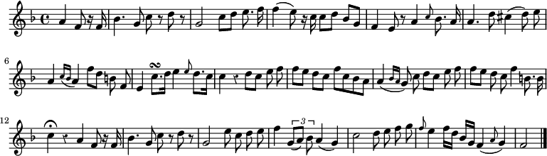 
\relative c'' {
  \override Rest #'style = #'classical
  \key f \major
  \time 4/4
  \partial 2
  \autoBeamOff
  a4 f8 r16 f
  bes4. g8 c r d r
  g,2 c8[ d] e8. f16
  f4( e8) r16 c c8[ d] bes[ g]
  f4 e8 r a4 \grace c8 bes8. a16

  a4. d8 cis4( d8) e
  a,4 \grace { c16[( bes] } a4) f'8[ d] b f
  e4 c'8.[\turn d16] e4 \grace e8 d8.[ c16]
  c4 r d8[ c] e f
  \autoBeamOn f e d c f c bes a

  \autoBeamOff a4( \grace { bes16[ a] } g8) c d[ c] e f
  f[ e] d c f4 b,8. b16
  c4\fermata r a f8 r16 f
  bes4. g8 c r d r
  g,2 e'8 c d e

  f4 \times 2/3 { g,8[( a]) bes } a4( g)
  c2 d8 e f g
  \grace f e4 f16[ d] bes[ g] f4( \grace a8 g4)
  f2
  \bar "|."
}
