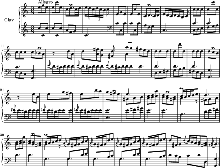 
\version "2.18.2"
\header {
  tagline = ##f
  % composer = "Domenico Scarlatti"
  % opus = "K. 231"
  % meter = "Allegro"
}

%% les petites notes
trillDqp     = { \tag #'print { d8.\prall } \tag #'midi { e32 d e d~ d16 } }
trillBesq    = { \tag #'print { bes8\prall } \tag #'midi { c32 bes c bes } }
trillCqq     = { \tag #'print { c16\prall } \tag #'midi { \times 2/3 { c32 d c } } }
trillBqq     = { \tag #'print { b16\prall } \tag #'midi { \times 2/3 { b32 c b } } }
trillFisq    = { \tag #'print { fis8\prall } \tag #'midi { g32 fis g fis } }
trillCq      = { \tag #'print { c8\prall } \tag #'midi { d32 c d c } }
trillACq     = { \tag #'print { < a c >8\prall } \tag #'midi { << { d32 c d c } \\ { a8 } >>  } }
trillGBq     = { \tag #'print { < g b >8\prall } \tag #'midi { << { c32 b c b } \\ { g8 } >>  } }
appoAG       = { \tag #'print { \appoggiatura < fis a >8 g4. } \tag #'midi {   \tempo 4. = 40 < fis a >8   \tempo 4. = 30 g4   \tempo 4. = 60 } }

upper = \relative c'' {
  \clef treble 
  \key c \major
  \time 3/8
  \tempo 4. = 60
  \set Staff.midiInstrument = #"harpsichord"
  \override TupletBracket.bracket-visibility = ##f

      s8*0^\markup{Allegro}
      e8 g e | e c' e, | c \trillDqp c32 d | \times 2/3 { e16[ d c } \times 2/3 { d c b] }  \omit TupletNumber  c8 
      % ms. 5
      e,8 g e | e c' e, | c \trillDqp c32 d | \times 2/3 { e16[ d c } \times 2/3 { d c b] }   \tempo 4. = 30 c8   \tempo 4. = 60
      % ms. 9
      c'8 c c | c c' c, | c c c | c \trillBesq \tempo 4. = 30 a8 | \tempo 4. = 60
      % ms. 13
      r8 d a | d < a fis' > < g e' > | < fis d' > << { a'8 g } \\ { a,4 } >> | fis'8 e d | d d d | d d' d, |
      % ms. 19
      d8 d d | d \trillCq b8 | r8 e8 b | e g fis | e b' a | g \trillFisq e8 |
      % ms. 25
      << { e4. } \\ { gis,8 a b } >> | < a c > < b d > < c a' > | < b d > \trillACq < gis b >8 | << { \trillCqq b16 c d e8 } \\ { a,4 r8 } >> 
      % ms. 29
      << { d4. } \\ { fis,8 g a } >> | < g b > < a c > < b g' > | < a c > \trillGBq < fis a >8 | << { \trillBqq a16 b c d8 } \\ { g,4 r8 } >>
      % ms. 33
      \repeat unfold 2 { \appoggiatura a16  \omit TupletNumber  \times 2/3 { g16 fis g } b8 c | \appoggiatura a16  \times 2/3 { g16 fis g } d'8 e } | d8 fis, g |
      % ms. 38
      \appoggiatura d'16  \times 2/3 { c16 b a } < g b >8 < fis a > | \appoAG |

}

lower = \relative c' {
  \clef bass
  \key c \major
  \time 3/8
  \set Staff.midiInstrument = #"harpsichord"
  \override TupletBracket.bracket-visibility = ##f

    % ************************************** \appoggiatura a16  \repeat unfold 2 {  } \times 2/3 { }   \omit TupletNumber 
      \clef treble \repeat unfold 2 { c'8 c, c' } | a f g | c,4.   \clef bass
      % ms. 5
      \repeat unfold 2 { c8 c, c' } | a f g | c,4. 
      % ms. 9
      << { c'4. c c  } \\ { c,8 d e | f g a | e d c } >> < f, f' >4.
      % ms. 13
      \repeat unfold 3 { \appoggiatura e''16  \omit TupletNumber  \times 2/3 { d16 cis d } d8 d } | d4. | << { d4. d d  } \\ { d,8 e fis | g a b | fis e d } >> |
      % ms. 21
      < g, g' >4. | \repeat unfold 3 { \appoggiatura fis''16  \omit TupletNumber  \times 2/3 { e16 dis e } e8 e } | < e, e' >4. |
      % ms. 25
      e'8 fis gis | e4. e a, | d8 e fis | d4. d |
      % ms. 32
      g,4. | \repeat unfold 2 { << { g8 d' e | g, b c } \\ { \mergeDifferentlyDottedOn g4. g } >> } | d'8 c b |
      % ms. 38
      c8 d d, | < g, g' >4. |

}

thePianoStaff = \new PianoStaff <<
    \set PianoStaff.instrumentName = #"Clav."
    \new Staff = "upper" \upper
    \new Staff = "lower" \lower
  >>

\score {
  \keepWithTag #'print \thePianoStaff
  \layout {
      #(layout-set-staff-size 17)
    \context {
      \Score
     \override SpacingSpanner.common-shortest-duration = #(ly:make-moment 1/2)
      \remove "Metronome_mark_engraver"
    }
  }
}

\score {
  \keepWithTag #'midi \thePianoStaff
  \midi { }
}
