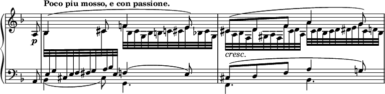 
 \relative c' {
  \new PianoStaff <<
   \new Staff = "R" \with { \remove "Time_signature_engraver" } { \key d \minor \time 6/8  \set Score.tempoHideNote = ##t \tempo 4.=66 \partial 8
    <<
     { a8\p | \tempo "Poco piu mosso, e con passione." bes4( cis8 f!4 e8) cis( d f a4 g8) }
    \\
     {
      s8 | bes,32 \change Staff = "L" \stemUp e, g cis, e f fis g \change Staff = "R" \stemDown cis \change Staff = "L" \stemUp a bes e,
      \change Staff = "R" \stemDown f' bes, cis g bes b c cis e bes cis g
      cis\cresc a\! bes f d' gis, a f f' cis d a a' cis, d bes cis d dis e g cis, d bes
     }
    >>
   }
   \new Staff = "L" \with { \remove "Time_signature_engraver" } { \key d \minor \time 6/8 \clef bass \partial 8
    <<
     { a,8 | s4. f'!4( e8) cis( d f a4 g!8) }
    \\
     { s8| bes,4( cis8) g4. f4. bes4. }
    >>
   }
  >>
 }
