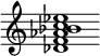 {
  % Rivin lopun pystyviiva ja tahtiosoitus piiloon.
  \override Score.BarLine.break-visibility = ##(#f #t #t)
  \override Staff.TimeSignature #'stencil = ##f
  
  <des' f' aes' bes' c'' ees''>1
}
