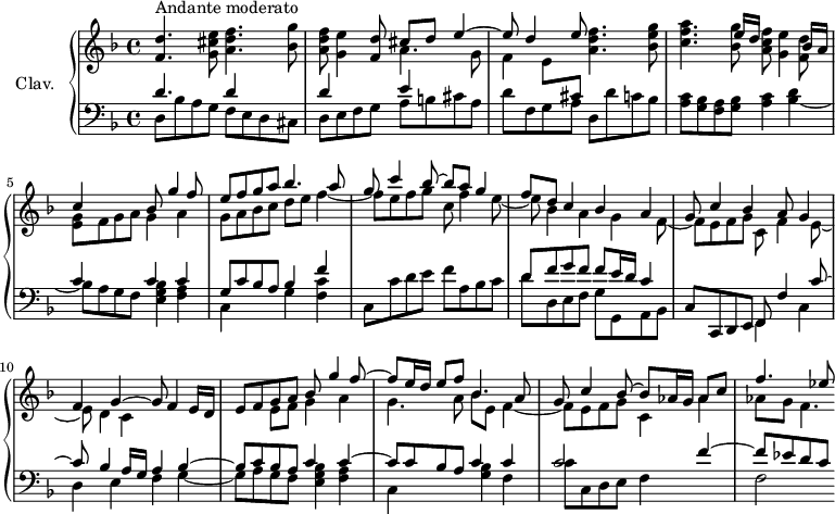 
\version "2.18.2"
\header {
 tagline = ##f
 % composer = "Domenico Scarlatti"
 % opus = "K. 52"
 % meter = "Andante moderato"
}

%% les petites notes
trillBesp = { \tag #'print { bes4.\prall } \tag #'midi { c32 bes c bes~ bes4 } }

upper = \relative c'' {
 \clef treble 
 \key d \minor
 \time 4/4
 \tempo 4 = 62
 \set Staff.midiInstrument = #"harpsichord"
 \override TupletBracket.bracket-visibility = ##f

 s8*0^\markup{Andante moderato}
 < f, d' >4. < g cis e >8 < a d f >4. < bes g' >8 | < a d f >8 < g e' >4 < f d' >8 << { cis'8 d e4~ | e8 d4 e8 } \\ { a,4. g8 | f4 e8 \stemUp \change Staff = "lower" cis } >> < a' d f >4. < bes e g >8 |
 % ms. 4
 << { s4. e16 d s8 s4 bes16 a | c4 s4 bes8 g'4 f8 |
 % ms. 6 dessus
 e8 f g a bes4. a8 | g8 c4 bes8~ bes8 a g4 | f8 d c4 bes a | g8 c4 bes a8 g4 |
 % ms. 10 dessus
 f4 g~ g8 } 
 % ms. 4 dessous
 \\ { < c f a >4. < bes g' >8 < a c f >8 < g e' >4 < f d' >8 | < e g >8 f g a g4 a | g8 a bes c d e f4~ |
 % ms. 7 dessous
 f8 e f g c, f4 e8~ | e bes4 a g f8~ | f e f g c, f4 e8~ |
 % ms. 10 dessous 
 e8 d4 c } >>
 % ms. 10 suite
 f4 e16 d |
 << { e8 f g a bes g'4 f8~ | f8 e16 d e8 f \mergeDifferentlyDottedOn bes,4. a8 |
 % ms. 13 dessus
 g8 c4 bes8~ bes aes16 g aes8 c | f4. ees8 } 
 % ms. 10 suite voix dessous
 \\ { s4 e,8 f g4 a | g4. a8 bes8 e, f4~ | f8 e f g c,4 aes'4 | aes8 g f4.*1/2 } >>

}

lower = \relative c' {
 \clef bass
 \key d \minor
 \time 4/4
 \set Staff.midiInstrument = #"harpsichord"
 \override TupletBracket.bracket-visibility = ##f

 % ************************************** \appoggiatura \repeat unfold 2 { } \times 2/3 { }
 << { d4. s8 | \repeat unfold 2 { d4 s4 } e4 } \\ { d,8 bes' a g f e d cis | d e f g a b cis a } >> | d8 f, g a d, d' c bes |
 % ms. 4
 < a c >8 < g bes > < f a > < g bes > < a c >4 
 << { s4 | c4 s4 c4 c | g8 c bes a bes4 f' } 
 \\ { < bes, d >4~ | bes8 a g f < e g bes >4 < f a > | c4 s4 g' < f c' > } >>
 % ms. 7
 c8 c' d e f a, bes c | 
 << { d8 f g f | f e16 d c4 } 
 \\ { d8 d, e f g g, a bes } >> | c8 c, d e 

 << { f8 f'4 c'8~ | c8 bes4 a16 g a4 bes~ | bes8 c bes a c4 c~ | c8 c bes a c4 c |
 % ms. 13 dessus
 c2 s4 f4~ f8 ees d c }
 
 \\ { f,,4 c' | d e f g~ | g8 a g f < e g bes >4 < f a > | c s4 < g' bes >4 f | c'8 c, d e f4 s4 | f2 } >>

}

thePianoStaff = \new PianoStaff <<
 \set PianoStaff.instrumentName = #"Clav."
 \new Staff = "upper" \upper
 \new Staff = "lower" \lower
 >>

\score {
 \keepWithTag #'print \thePianoStaff
 \layout {
 #(layout-set-staff-size 17)
 \context {
 \Score
 \override SpacingSpanner.common-shortest-duration = #(ly:make-moment 1/2)
 \remove "Metronome_mark_engraver"
 }
 }
}

\score {
 \keepWithTag #'midi \thePianoStaff
 \midi { }
}
