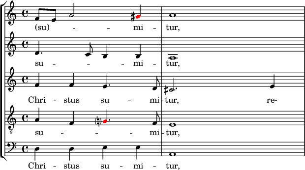 
    { 
#(set-global-staff-size 15)
      \override Score.SpacingSpanner.strict-note-spacing = ##t
  \set Score.proportionalNotationDuration = #(ly:make-moment 1/16)
    << \new StaffGroup <<
        \new Staff <<
            \set Score.tempoHideNote = ##t \tempo 4 = 72
            \set Staff.midiInstrument = #"voice oohs"
            \clef treble \time 4/4
            \relative c' {
                \clef treble \time 4/4
                f8 e a2 \once \override NoteHead.color = #red gis4 a1
                }
            \addlyrics { (su) -- _ _ mi -- tur, }
            >>
        \new Staff <<
            \set Staff.midiInstrument = #"voice oohs"
            \clef treble \time 4/4
            \new Voice \relative c' {
                d4. c8 b4 b a1
                }
            \addlyrics { su -- _ _ mi -- tur, }
            >>
        \new Staff <<
            \set Staff.midiInstrument = #"voice oohs"
            \clef treble \time 4/4
            \new Voice \relative c' {
                f4 f e4. d8 cis2. e4
                }
            \addlyrics { Chri -- stus su -- mi -- tur, re- }
            >>
        \new Staff <<
            \set Staff.midiInstrument = #"voice oohs"
            \clef "treble_8" \time 4/4
            \new Voice \relative c' {
                a4 f \once \override NoteHead.color = #red g?4. f8 e1
                }
            \addlyrics { su -- _ _ mi -- tur, }
            >>
        \new Staff <<
            \clef bass \time 4/4
            \new Voice \relative c {
                d4 d e e a,1
                }
            \addlyrics { Chri -- stus su -- mi -- tur, }
            >>
    >>
>> }
