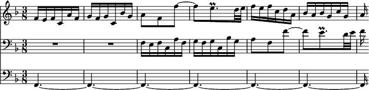  
{ 
<< << 
\new Staff { \clef treble \key f \major \tempo 8=120 \set Staff.midiInstrument = "flute" {
 \set Score.tempoHideNote = ##t
 \override Score.BarNumber #'transparent = ##t 
 \time 3/8
 \relative c'
 { f16 e f c a' f | g f g c, bes' g | a8 f f'~ | f e8.\prall d32 e | f16 e f c d a | bes a bes g c g | a16 }
 }
 }
\new Staff { \clef bass \key f \major \set Staff.midiInstrument = "flute" {
 \relative c
 { R1*3/8 | R1*3/8 | f16 e f c a' f | g f g c, bes' g | a8 f f'~ | f e8.\prall d32 e | f16 }
 }
 }
\new Staff { \clef bass \key f \major \set Staff.midiInstrument = "flute" {
 \relative c,
 { f4.~ | f~ | f~ | f~ | f~ | f~ | f16 }
 }
 }
>> >>
}
