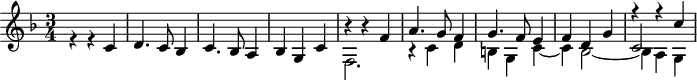 
\version "2.18.2"
\header {
  tagline = ##f
}

\score {
  \new Staff \with {

  }
<<
  \relative c' {
    \key f \major
    \time 3/4
    \tempo 4 = 128
    \set Staff.midiInstrument = #"recorder" 

     %% Fischer, fa majeur
     << { s2.*8 f'4\rest f4\rest c4 } \\ { r4 r4 \stemUp c,4 | d4. c8 bes4 | c4. bes8 a4 | bes4 g c | \stemDown f,2. | r4 c'4 d | b g c~ c bes2~ bes4 a g } \\ { s2.*4 b'4\rest b4\rest f4 a4. g8 f4 g4. f8 e4 f d g c,2 } >> 

  }
>>
  \layout {
     \context { \Score \remove "Metronome_mark_engraver" 
       }
  }
  \midi {} 
}
