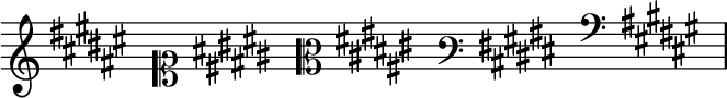 { \new Staff \with{ \magnifyStaff #3/2 } << \time 5/16 \override Score.TimeSignature #'stencil = ##f { \clef french \key fis \major s16 \clef soprano \key fis \major s16 \clef mezzosoprano \key fis \major s16 \clef varbaritone \key fis \major s16 \clef subbass \key fis \major s16 } >> }