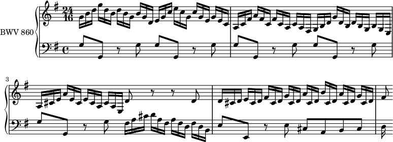 
\version "2.18.2"
\header {
  tagline = ##f
}

upper = \relative c'' {
    \clef treble 
    \key g \major
    \time 4/4
    \set Staff.timeSignatureFraction = 24/16
    \scaleDurations 2/3
    \tempo 4 = 68
    \set Staff.midiInstrument = #"harpsichord" 
    \override TupletBracket.bracket-visibility = ##f

     %% PRÉLUDE CBT I-15, BWV 860, sol majeur
     \times 2/3 { g16 b d  g[ d b]  d[ b g]  b[ g d]  e[ g c]  e[ c g] c[ g e] g[ e c] | a[ c fis] a[ fis c] fis[ c a] c[ a fis] g[ b d] g[ d b] d[ b g] b[ g e] | a[ cis e] a[ e cis] e[ cis a] cis[ a e] } d'8 r8 r8 d  \times 2/3 { d16[ cis d]  e[ cis d]  fis[ cis d]  g[ cis, d]  a'[ cis, d]  b'[ cis, d]  a'[ cis, d]  g[ cis, d] } fis8

}

lower = \relative c' {
    \clef bass 
    \key g \major
    \time 4/4
    \set Staff.midiInstrument = #"harpsichord" 
    \override TupletBracket.bracket-visibility = ##f
     g8 g, r8 g' g[ g,] r8 g' | g g, r8 g' g g, r8 g' g g, r8 g' \times 2/3 { fis16[ a cis]  d[ a fis]  a[ fis d]  fis[ d b] } e8 e, r8 e' cis a b cis d16
} 

\score {
  \new PianoStaff <<
    \set PianoStaff.instrumentName = #"BWV 860"
    \new Staff = "upper" \upper
    \new Staff = "lower" \lower
  >>
  \layout {
    \context {
      \Score
      \omit TupletNumber
      \remove "Metronome_mark_engraver"
      \override SpacingSpanner.common-shortest-duration = #(ly:make-moment 1/2)
    }
  }
  \midi { }
}

