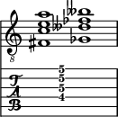  
<<
  %\override Score.BarLine.break-visibility = ##(#f #t #t)
  \time 2/1
    \new Staff  {
    \clef "treble_8"
        \once \override Staff.TimeSignature #'stencil = ##f
        <  fis c' e' a'>1 | <  ges deses' fes' beses'>1 |
    }

     \new TabStaff {
       \override Stem #'transparent = ##t
       \override Beam #'transparent = ##t 
      s2 <  fis\4 c'\3 e'\2 a'\1>1 s2
  }
>>
