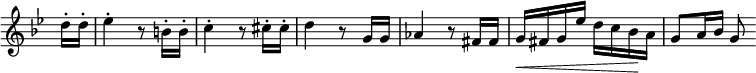 
\relative c'' \new Staff \with { \remove "Time_signature_engraver" } {
 \set Score.tempoHideNote = ##t \tempo "" 4=50 \key g \minor \time 2/4 \partial 8
 d16-. d-. es4-. r8 b16-. b-. c4-. r8 cis16-. cis-. d4 r8 g,16 g
 aes4 r8 fis16 fis g\< fis g es' d c bes\! a g8 a16 bes g8
}
