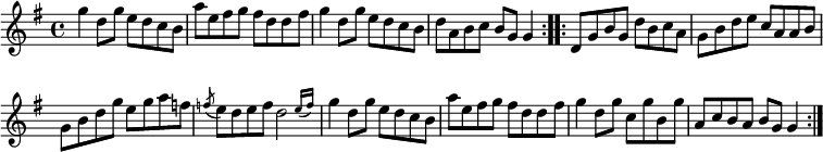 \relative g'' { \key g \major \time 4/4 \override Score.BarNumber #'break-visibility = #'#(#f #f #f)
\repeat volta 2 { g4 d8 g e d c b | a' e fis g fis d d fis |
  g4 d8 g e d c b | d a b c b g g4 }
\repeat volta 2 { d8 g b g d' b c a | g b d e c a a b |
  g b d g e g a f | \acciaccatura f e d e f \afterGrace d2 { e16([ f]) }
  g4 d8 g e d c b | a' e fis g fis d d fis |
  g4 d8 g c, g' b, g' | a, c b a b g g4 } }