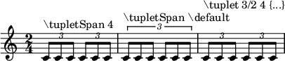 
\relative c' {
  \time 2/4
  \tupletSpan 4
  \tuplet 3/2 { c8^"\\tupletSpan 4" c c c c c }
  \tupletSpan \default
  \tuplet 3/2 { c8^"\\tupletSpan \\default" c c c c c }
  \tuplet 3/2 4 { c8^"\\tuplet 3/2 4 {...}" c c c c c }
}
