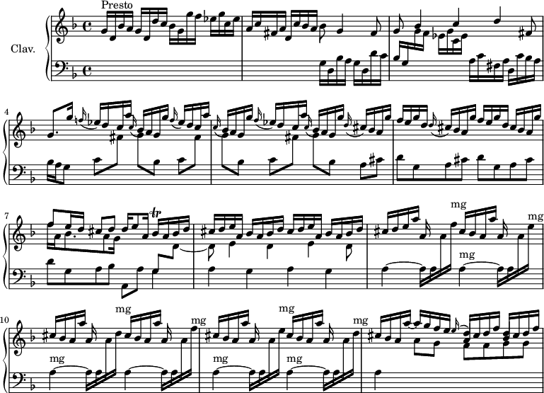 
\version "2.18.2"
\header {
  tagline = ##f
}

%% les petites notes
trillBes     = { \tag #'print { bes\trill } \tag #'midi { c32 bes c bes } }


upper = \relative c'' {
  \clef treble 
  \key f \major
  \time 4/4
  \tempo 4 = 90
  \set Staff.midiInstrument = #"harpsichord"

    g16^\markup{Presto} d bes' a  g d d' c  bes g g' f  ees g c, ees | a, c fis, a  d, c' bes a bes8 g4 fis8 |
    % ms. 3
    \stemUp g8 bes4 c d fis,8 | g8. g'16 \appoggiatura f!16 ees16 d c a'  \appoggiatura c,16 bes16 a g g' \appoggiatura f16 ees d c a' |
    % ms. 5
    \appoggiatura c,16 bes16 a g g' | \appoggiatura f16 ees16 d c a' | \appoggiatura c,16 bes16 a g g' | \repeat unfold 2 { \appoggiatura d16 cis16 bes a g' | f e16 g d } cis16 bes a g' |
    % ms. 7
    << { f8 e16 d cis8 d d16 e8 a,16 bes\trill a bes d | \repeat unfold 2 { cis16 d e a, bes a bes d } } \\ { f16 a, bes8. a8 g16 s4  \stemUp \change Staff = "lower" g,8 \stemDown \change Staff = "upper" d'8~ d e4 d e d8 } >> 
    % ms. 9
    cis'16 d e a a, s8. \repeat unfold 5 { cis16 bes a a' a, s8. } cis16 bes a a'~ a g f e  << { \stemUp \appoggiatura e16 \stemUp d16 cis d f  d cis d f } \\ { \stemUp a,4 bes } >> % RESTE À FAIRE : décaler les notes

}

lower = \relative c' {
  \clef bass
  \key f \major
  \time 4/4
  \set Staff.midiInstrument = #"harpsichord"

    % *****************************
    s1 s2 g16 d bes' a  g d d' c  bes g \stemDown \change Staff = "upper" g' f  ees g c, ees | \change Staff = "lower" a, c fis, a d, c' bes a | bes a g8 \repeat unfold 3 { c8 \stemDown \change Staff = "upper" fis g[ \change Staff = "lower" bes,8] \change Staff = "lower" } a8 cis | \repeat unfold 2 { d8 g, a cis } | d8 g, a bes a, a' g4 | a4 g a g | 
    % ms. 11
   \repeat unfold 2 {a4~ a16 a \change Staff = "upper" a' f'^\markup{mg} \change Staff = "lower" a,,4~^\markup{mg} a16 a \change Staff = "upper" a' e'^\markup{mg} \change Staff = "lower" a,,4~^\markup{mg} a16 a \change Staff = "upper" a' d^\markup{mg} \change Staff = "lower" } a,4 \change Staff = "upper" a'8 g f f g g |

} 

thePianoStaff = \new PianoStaff <<
    \set PianoStaff.instrumentName = #"Clav."
    \new Staff = "upper" \upper
    \new Staff = "lower" \lower
  >>

\score {
  \keepWithTag #'print \thePianoStaff
  \layout {
      #(layout-set-staff-size 17)
    \context {
      \Score
     \override SpacingSpanner.common-shortest-duration = #(ly:make-moment 1/2)
      \remove "Metronome_mark_engraver"
    }
  }
}

\score {
  \keepWithTag #'midi \thePianoStaff
  \midi { }
}
