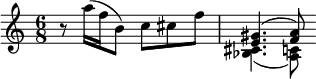 
\language "italiano"

\layout {
  indent = 0 \mm
  short-indent = 0 \mm
  line-width = 12.5 \cm
}

\relative do''' {
  \key do \major
  \clef treble
  \time 6/8
  \override Score.BarNumber.break-visibility = ##(#f #f #f)
  r8 la16( fa si,8) do dod fa |
  <<
    {<mi, sold>4.( <fa la>8)} \\ {<sib, dod>4.( <la do>8)}
  >>
}
