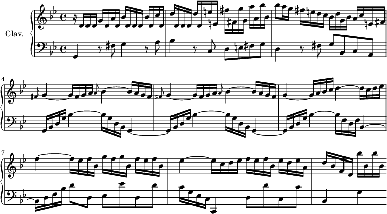 
\version "2.18.2"
\header {
 tagline=##f
}
upper=\relative c' {
 \clef treble
 \key g \minor
 \time 4/4
 \tempo 4=104
 \tempo "Allegro"
 \set Staff.midiInstrument=#"harpsichord"

 r16 d16 d d g d a' d, bes' d, d d bes' d, c' d,|d' d, d d d' d, e' e, fis' fis, g' g, a' a, bes' bes, bes'8 a16 g fis e d c
 bes16 d g, bes a c e, fis|\repeat unfold 2 { \grace fis8 g4~ g16 fis g a \grace a8 bes4~ bes16 a g fis }|
 g4~ g16 a bes c d4~ d16 c d ees f4~ f16 ees f bes, g' f g bes, f' ees f bes,|ees4~ ees16 c d ees f ees f bes, ees d ees a,|d16 bes f d bes''16 bes, bes' bes,

}

lower=\relative c' {
 \clef bass
 \key g \minor
 \time 4/4
 \set Staff.midiInstrument=#"harpsichord"
 
 g,4 r8 fis'8 g4 r8 a8|bes4 r8 c,8 d e fis g|d4 r8 fis8|g bes, c a|\repeat unfold 2 { g16 bes d g bes4~ bes16 g d bes g4~ }|g16 bes d g bes4~ bes16 f d f bes,4~ bes16 d f bes d8 d, ees ees' d, d'|c16 g ees c c,4 d'8 d' c, c' bes,4 g'
}

\score {
 \new PianoStaff <<
 \set PianoStaff.instrumentName=#"Clav."
 \new Staff="upper" \upper
 \new Staff="lower" \lower
 >>
 \layout {
 #(layout-set-staff-size 18)
 \context {
 \Score
 \override SpacingSpanner.common-shortest-duration=#(ly:make-moment 1/2)
 \remove "Metronome_mark_engraver"
 }
 }
 \midi { }
}
