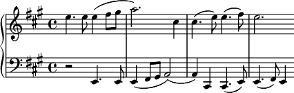 
\score {
\relative c' { 
\new PianoStaff << 
\new Staff {
\clef G
\key a \major
\time 4/4
e'4. e8 e4( fis8 gis | a2.) cis,4 | cis4.( e8) e4.( fis8) | e2.
}
\new Staff  {
\clef F
\key a \major
\time 4/4
r2 e,,,4. e8 | e4( fis8 gis a2)( | a4) cis,4 cis4.( e8) | e4.( fis8) e4
}
>>
} %relative
\layout{
  line-width = #120
  \set fontSize = #-1
} %layout
} %score
\header { tagline = ##f}
