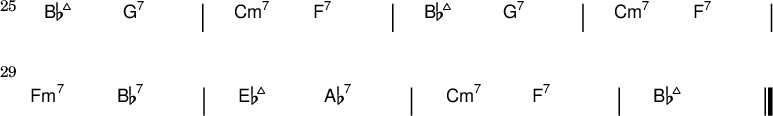 
{
#(set-default-paper-size "a6")
#(set-global-staff-size 15)
\new ChordNames \with {
  \override BarLine #'bar-extent = #'(-2 . 2)
  \consists "Bar_engraver"
}
\chordmode {
  \override Score.BarNumber.font-size = #0
  \override Score.BarNumber.stencil= #(make-stencil-boxer 0.1 0.25 ly:text-interface::print)
  \set Score.barNumberVisibility = #all-bar-numbers-visible
  \set Score.currentBarNumber = #25
  \bar ""  

  bes2:maj7 g:7 | c:m7 f:7 | bes:maj7 g:7 | c:m7 f:7 | 
\break
f:m7 bes:7 | es:maj7 aes:7 | c:m7 f:7 | bes1:maj7 \bar "|."
} }
