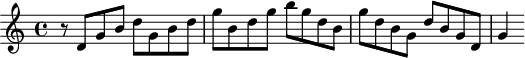 
\version "2.18.2"
\header {
  tagline = ##f
}

\score {
  \new Staff \with {

  }
<<
  \relative c' {
    \key c \major
    \time 4/4
    \tempo 4 = 92
    \tempo "Allegro"
    \set Staff.midiInstrument = #"harpsichord" 
    \override TupletBracket #'bracket-visibility = ##f 

     %%%% Scarlatti, Toccata 1
     r8 d8 g b d g, b d | g b, d g b g d b g' d b g d' b g d g4

  }
>>
  \layout {
     \context { \Score \remove "Metronome_mark_engraver" }
  }
  \midi {}
}
