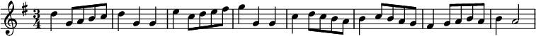 {\clef treble \key g \major \time 3/4 {d''4 g'8 a'8 b'8 c''8 d''4 g'4 g'4 e''4 c''8 d''8 e''8 fis''8 g''4 g'4 g'4 c''4 d''8 c''8 b'8 a'8 b'4 c''8 b'8 a'8 g'8 fis'4 g'8 a'8 b'8 a'8 b'4 a'2} }