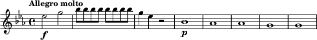 
\relative c'' {
 \key es \major
 \tempo "Allegro molto"
 es2\f g |
 \repeat unfold 8 { bes8 } |
 g4 es r2 |
 bes1\p | as | as | g | g |
}
