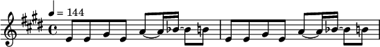 
\relative e' {\key e \major \tempo 4 = 144 e8 e8 gis8 e8 a8 ~ a16 bes16 ~ bes8 b8 | e,8 e8 gis8 e8 a8 ~ a16 bes16 ~ bes8 b8}
