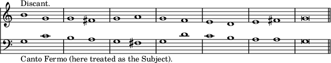 { << \new Staff \relative b' { \time 2/1 \override Score.TimeSignature #'stencil = ##f 
 b1^"Discant." g | g fis | g a | g f | %end line 1
 e d | e fis | g\breve \bar "||" }
\new Staff \relative g { \clef bass
 g1_"Canto Fermo (here treated as the Subject)." c |
 b a | g fis | g d' | %end line 1
 c b | a a | g\breve } >> }