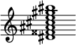 {
  % Rivin lopun pystyviiva ja tahtiosoitus piiloon.
  \override Score.BarLine.break-visibility = ##(#f #t #t)
  \override Staff.TimeSignature #'stencil = ##f
  
  <dis' fisis' ais' cis'' e'' gis'' bis''>1
}
