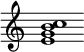 {
  % Rivin lopun pystyviiva ja tahtiosoitus piiloon.
  \override Score.BarLine.break-visibility = ##(#f #t #t)
  \override Staff.TimeSignature #'stencil = ##f
  
  <e' g' b' c''>1
}
