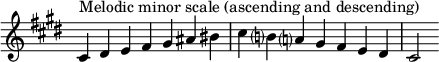  {\n\\omit Score.TimeSignature \\relative c' {\n  \\key cis \\minor \\time 7/4 cis^"Melodic minor scale (ascending and descending)" dis e fis gis ais bis cis b? a? gis fis e dis cis2\n} }\n