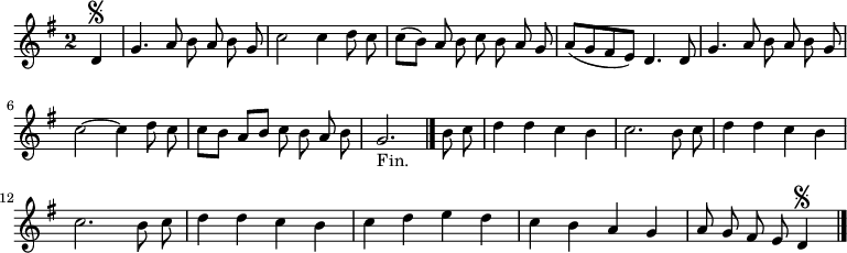 
\relative c' {
  \key g \major
  \override Staff.TimeSignature #'style = #'single-digit
  \time 2/2
  \partial4
  \autoBeamOff
  d4\segno
  g4. a8 b a b g
  c2 c4 d8 c
  c[( b]) a b c b a g
  a[( g fis e]) d4. d8
  g4. a8 b a b g

  c2~ c4 d8 c
  c[ b] a[ b] c b a b
  g2._"Fin." \bar "|." b8 c
  d4 d c b
  c2. b8 c
  d4 d c b
  c2. b8 c

  % tourne

  d4 d c b
  c d e d
  c b a g
  a8 g fis e d4\segno
  \bar "|."
}
