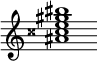 {
  % Rivin lopun pystyviiva ja tahtiosoitus piiloon.
  \override Score.BarLine.break-visibility = ##(#f #t #t)
  \override Staff.TimeSignature #'stencil = ##f
  
  <ais' cisis'' e'' gis'' bis''>1
}
