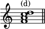 { \override Score.TimeSignature #'stencil = ##f \time 4/4 \relative f' <f a c d>1^"(d)" \bar "||" }