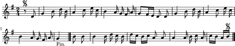 
\relative c' {
  \key g \major
  \time 2/4
  \partial 4
  \autoBeamOff
  r8\segno d
  g4 b8 d16 b
  a4 c8 e16 c
  b4 a16 g fis a
  g8[ fis16 e] d8 d
  g4 b8 d16 b
  a4 c8 e16 c
  b4 a16 g fis a
  g4_"Fin." \bar "|." b8 b
  b4 b16 d c b
  d[ c] b[ c] a8 a
  a4 a16 b c a
  c[ b] a[ b]\segno
  \bar "|."
}
