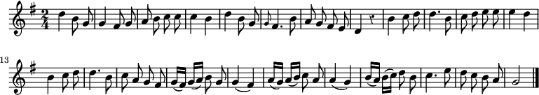 
\relative c'' {
  \override Rest #'style = #'classical
  \key g \major
  \time 2/4
  \autoBeamOff
  d b8 g
  g4 fis8 g
  a b c c
  c4 b
  d b8 g
  \grace g8 fis4. b8
  a g fis e
  d4 r

  b' c8 d
  d4. b8
  c d e e
  e4 d
  b c8 d
  d4. b8
  c a g fis
  g16[( fis]) g([ a)] b8 g

  g4( fis)
  a16[( g]) a[( b]) c8 a
  a4( g)
  b16[( a]) b[( c]) d8 b
  c4. e8 d c b a
  g2
  \bar "|."
}
