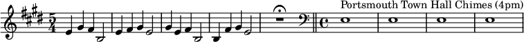  \relatif c' { \waktu 5/4 \kunci e \utama e4 gis fis b,2 | e4 fis gis e2 | gis4 e fis b,2 | b4 fis' gis e2 | R1*5/4\fermata \bar "||" \clef bass \waktu 4/4 e,1^"Portsmouth Balai Kota Lonceng (jam 4 sore)" | e1| e1 | e1 |}