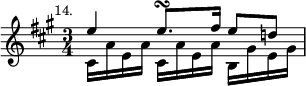 { \relative e'' { \key a \major \time 3/4 \mark \markup \small "14."
<< { e4 e8.\turn fis16 e8 d! } \\
   { cis,16 a' e a cis, a' e a b, gis' e gis } >> } }