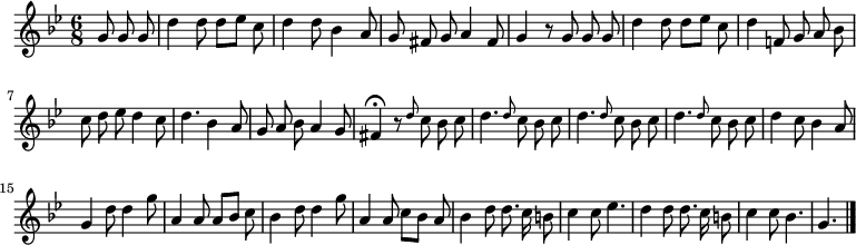 
\relative c'' {
  \key g \minor
  \time 6/8
  \partial 4.
  \autoBeamOff
  g8 g g
  d'4 d8 d[ es] c
  d4 d8 bes4 a8
  g fis g a4 fis8
  g4 r8 g g g
  d'4 d8 d[ es] c

  d4 f,!8 g a bes
  c d es d4 c8
  d4. bes4 a8
  g a bes a4 g8
  fis4\fermata r8 \grace d' c bes c
  d4. \grace d8 c bes c

  d4. \grace d8 c bes c
  d4. \grace d8 c bes c
  d4 c8 bes4 a8
  g4 d'8 d4 g8
  a,4 a8 a[ bes] c
  bes4 d8 d4 g8

  a,4 a8 c[ bes] a
  bes4 d8 d8. c16 b8
  c4 c8 es4.
  d4 d8 d8. c16 b8
  c4 c8 bes4.
  g4.
  \bar "|."
}
