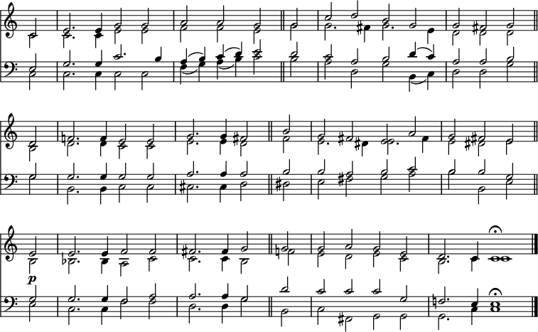 
<< <<
\new Staff { \clef treble \time 4/2 \partial 2 \key c \major \set Staff.midiInstrument = "flute" \omit Staff.TimeSignature \set Score.tempoHideNote = ##t \override Score.BarNumber  #'transparent = ##t
  \relative c' 
  << { c2 | e2. e4 g2 g | a a g \bar"||"
  g | c d b g | g fis g \bar"||" \break
  d | f!2. f4 e2 e | g2. g4 fis2 \bar"||"
  b | g fis e a | g fis e \bar"||" \break
  e\p | e2. e4 f2 f | fis2. fis4 g2 \bar"||"
  g | g a g e | \cadenzaOn d2. c4 c1\fermata \bar"|." } \\
  { c2 | c2. c4 e2 e | f f e
  g | g2. fis4 g2. e4 | d2 d d
  b | d2. d4 c2 c | e2. e4 d2
  fis | e2. dis4 e2. fis4 | e2 dis e
  b | bes2. bes4 a2 c | c2. c4 b2 
  f'! | e d e c | b2. c4 c1 } >>
}
\new Lyrics \lyricmode {
}
\new Staff { \clef bass \key c \major \set Staff.midiInstrument = "flute" \omit Staff.TimeSignature
  \relative c
  << { e2 | g2. g4 c2. b4 | a( b) c( d) e2
  d | c a b d4( c) | a2 a b 
  g | g2. g4 g2 g | a2. a4 a2 
  b | b a b c | b b g
  g | g2. g4 f2 a | a2. a4 g2 
  d' | c c c g | f!2. e4 e1\fermata } \\
  { c2 | c2. c4 c2 c | f4( g) a( b) c2 
  b | a d, g b,4( c) | d2 d g
  g | b,2. b4 c2 c | cis2. cis4 d2 
  dis | e fis g a | b b, e
  e | c2. c4 f2 f | d2. d4 g2
  b, | c fis, g g | g2. c4 c1 } >>
}
>> >>
\layout { indent = #0 }
\midi { \tempo 2 = 60 }
