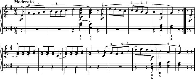 \new PianoStaff <<
\new Staff { \time 2/4 \key g \major \partial 8 \tempo "Moderato" \relative d' {
 \repeat volta 2 {
  d8-1\p^\( | g-3[ fis g-1 a] |
  b[ a-1 b c] | d4 <e c g>\f |
  <d b g>\) r8 d-4\p^\( |
  e[ d c b] | c-3[ b a-1 g-3] |
  a4 fis\f | g\) r8 }
 \repeat volta 2 {
  d8\p( | <a' fis>)^4[ q-. q-. <b g>-.] |
  <a fis>-.[ q-. q-.] d,( | q)[ q-. q-. <b' g>-.] | 
  <a fis>4 r8 d,^\( | 
  g-3[ fis g-1 b-2] | d-4[ e d c\f] |
  b4 a-1 | g-2\) r8 } } }
\new Staff { \clef bass \key g \major
  \repeat volta 2 { r8 R2*2 | r4 <c'_3 e'_1>( | <g_5 d'_2>) r | R2*2 | r4 <d a c'>( | <g_3 b_1> r8 }
  \repeat volta 2 { r8 | d4 d | d r | d d | d r | R2 | r4 r8 <c_5 e_3 a> | <d_4 g_2 b>4 <d fis c'> | <g b> r8 } } >>
