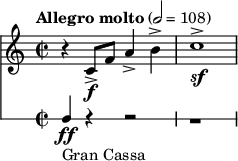 << \ new Staff \ relative c '{\ clef treble \ time 2/2 \ key c \ major \ tempo "Allegro molto" 2 = 108 r4 c8 \ f-> f a4-> b-> |  c1-> \ sf} \ new RhythmicStaff {\ clef bass f4_ "Gran Cassa" \ ff r4 r2 |  r1} >>