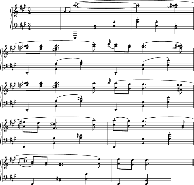 
\version "2.20.0"

\header {
  title = "XXII"
  subtitle = "POLONAISE, op.48"

  composer = "CHOPIN."
}
  \layout {
  indent = #10  
  %ragged-last = ##ttt
  }
{

    \new PianoStaff = "piano" \with { instrumentName = ""} 
         <<
      \new Staff = "upper" { \relative c''  {\key a \major  \set Staff.midiInstrument = #"piano"

         \time 3/4 \override Staff.Rest.style = #'classical  \omit Score.BarNumber 
         \set Score.tempoHideNote = ##t \tempo 4=100

% Ligne 3 


  s2. |\grace {a8[ a]} <gis' b>2.~^( <gis b>2 <fisis ais b >4
  \break
% Ligne 4
  %\set Staff.keyAlterations = #`((3 . ,SHARP)(0 . ,SHARP))
       \once \set Staff.localAlterations = #`((3 . ,1))
  <fis! a! b>8[ <e gis b>] <dis fis b>4. <a' cis>8) |
  \acciaccatura d <a cis>[ <gis b>] <gis b>4.^( <fisis ais b>8) 
  \break
% Ligne 5
       \once \set Staff.localAlterations = #`((3 . ,1))
       \slurUp
  <fis! a! b>8[ <e gis b>] <dis fis b>4. <cis a'>8 |
  \slashedGrace b' <cis, a'>[( <b gis'>] <b gis'>4. <ais fisis'>8
  \break
% Ligne 6
       \once \set Staff.localAlterations = #`((3 . ,1)(5 . ,FLAT))
  <a fis'>[ <gis e'>] <fis dis'>4. <cis' a'>8) |
  <cis a'>[( <b gis'>]) <b gis'>4.( <gis b>8   
  \break
% Ligne 7
  \appoggiatura {b[ dis]} <a cis>[ <gis b>] <fis a>4. <a fis'>8) | <a fis'>[ <gis e'>] <gis e'>4.

  \bar "||" 

         }}
         
      \new Staff = "lower" { 
        
        \relative c  {\clef "bass" \key a \major \set Staff.midiInstrument = #"piano" 

                      \override Staff.Rest.style = #'classical
 

% Ligne 3 

  s2. | e,,4 \stemDown <b'' e>-.  <e b'>-. |
  <b' e>-. <e, b'>-. <b e>-.
% Ligne 4
  \stemNeutral e,-. <b' a'>-.( <a' cis>-.) |
  e,-. <b' gis'>-.( <gis ' e'>-.)
% Ligne 5
  e,-. <b' a'>-.( <a' dis>-.) |
  e, <b' gis'> <gis' e'>
% Ligne 6
  e, <b' a'> <a' dis> | 
  e, <b' gis'> <gis' e'>-.
% Ligne 8
  e, <b' dis> <dis b'> |
  e, <e b'> 
 
      }}
>>
}

